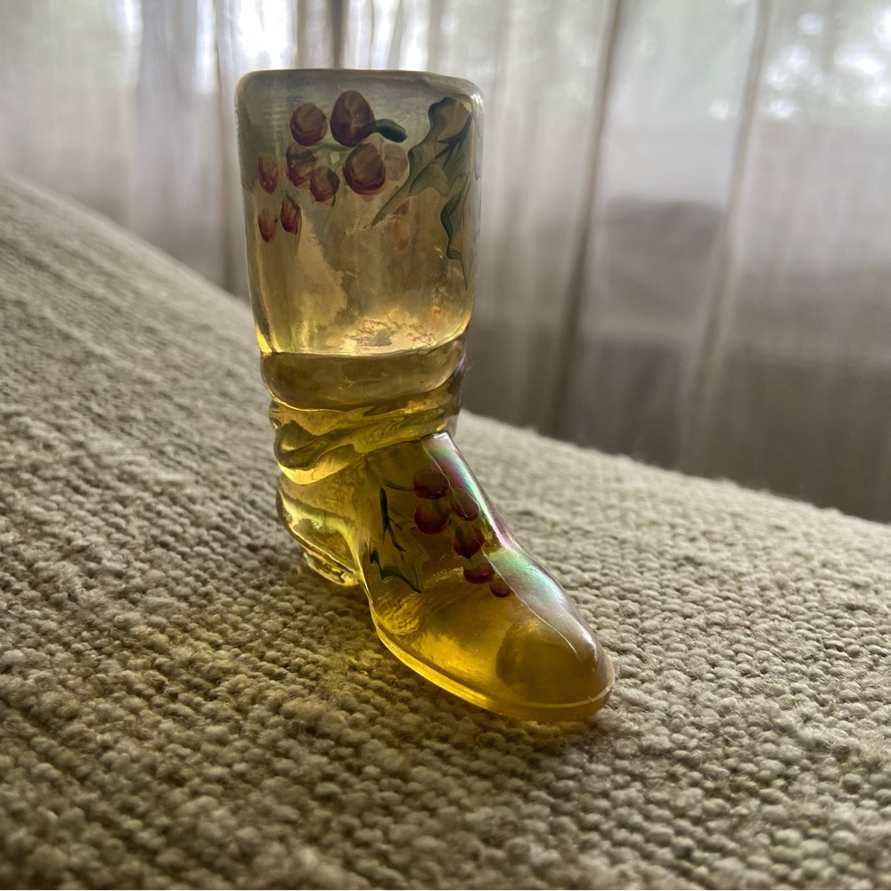 Vintage Fenton Iridescent Amber Hand-Painted Mini Boot QVC (?) Signed